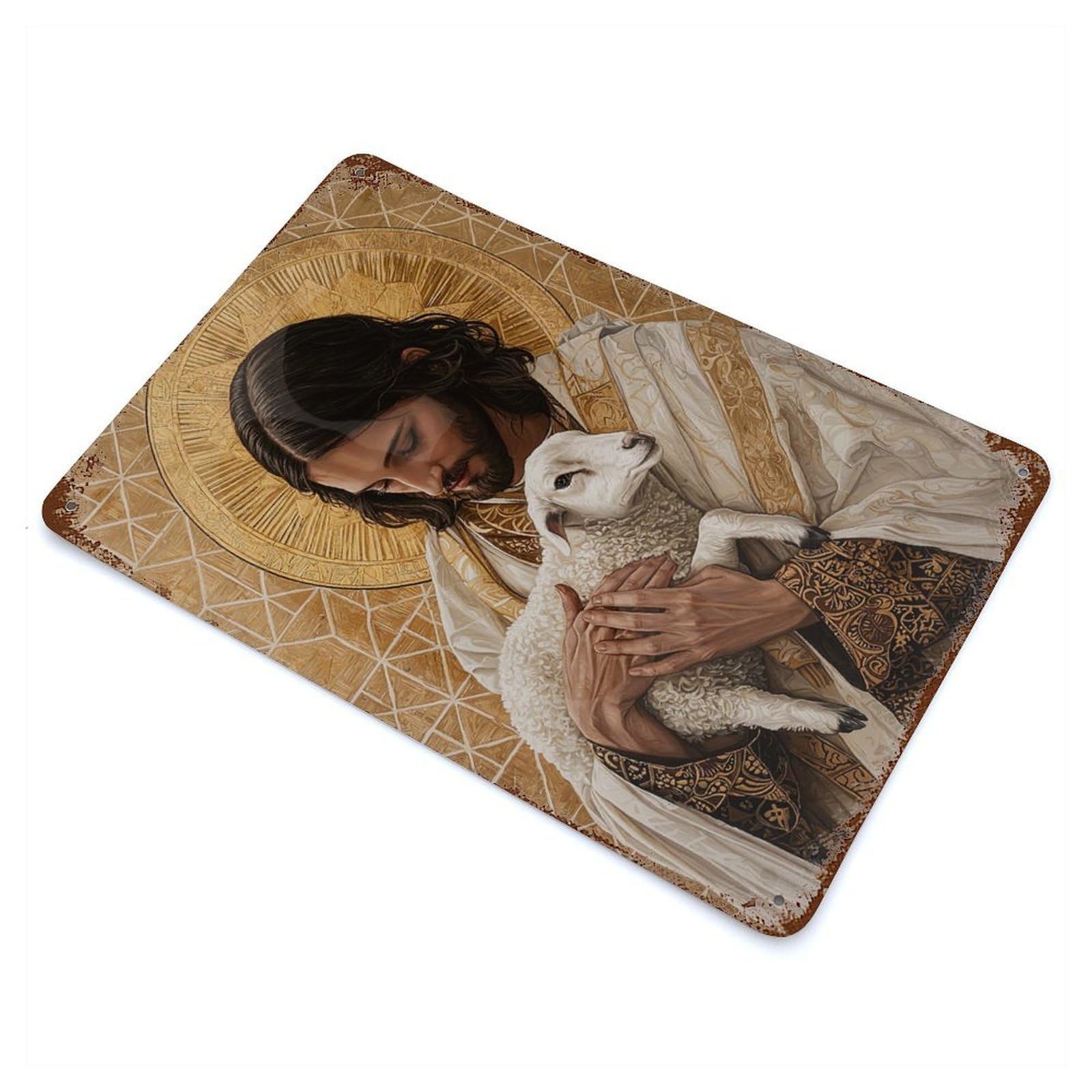 Jesus with Lamb Rusty Metal Tin Sign 11.8"x7.9", Ideal for Farmhouse, Kitchen And Entryway Decor