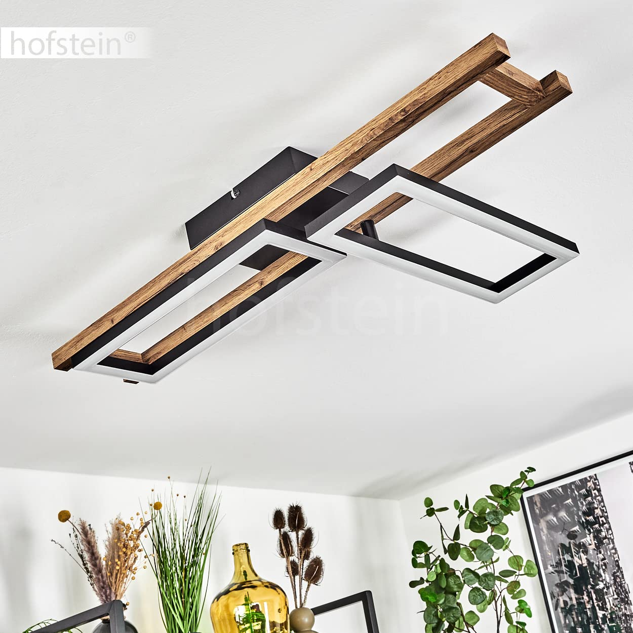 Lampa sufitowa LED Ayajasco, lampa sufitowa wykonana z metalu/drewna w kolorze czarnym/naturalnym/białym, 850 lumenów, 3000 K, 1 x LED 20 W (w zestawie), regulowana lampa z drewnianą ramą