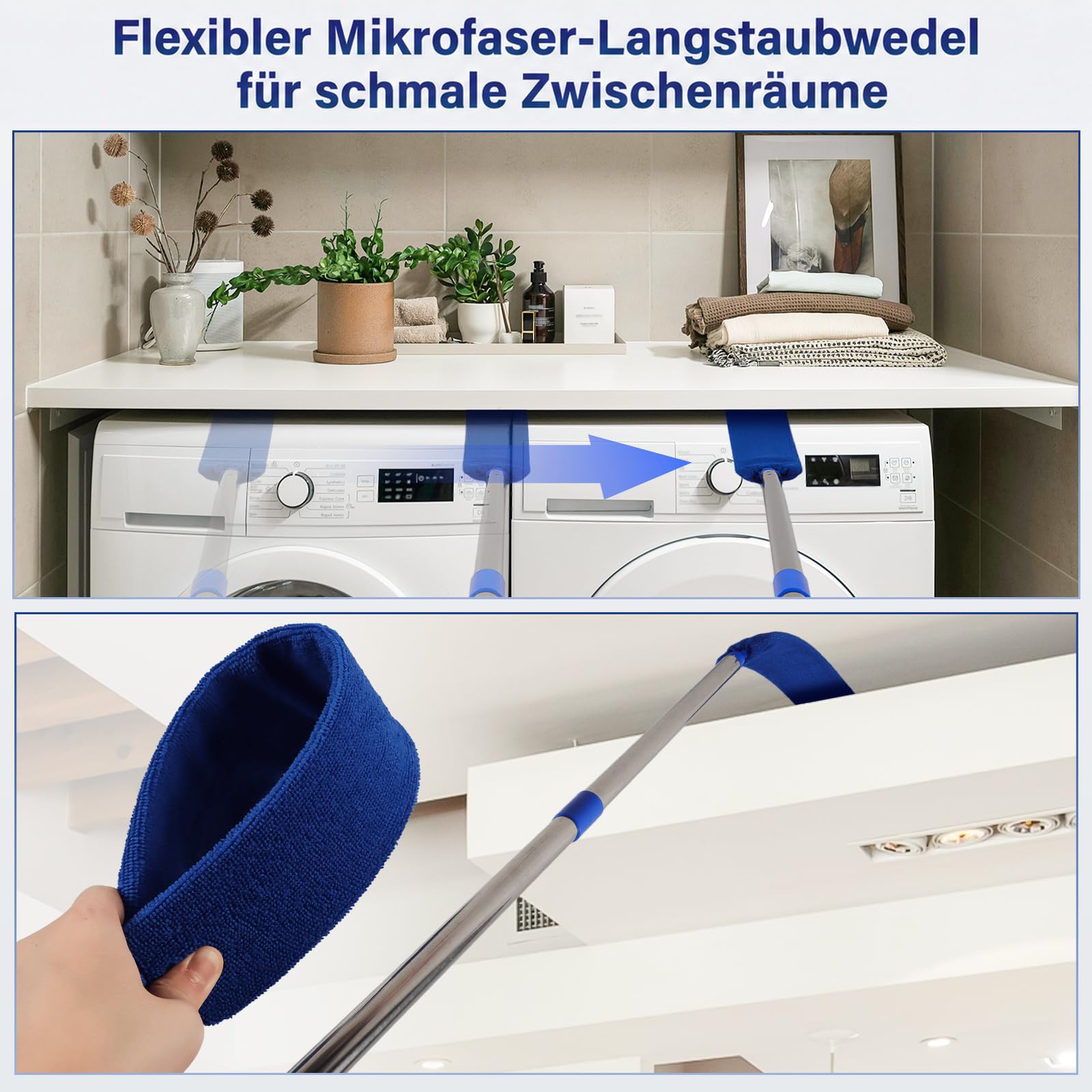 marysgift Staubwedel Teleskop Staubwedel Lang Ausziehbar mit Teleskopstange bis 310 cm Staubwischer Waschbar für Spinnweben Hohe Decken Lücken, Wiederverwendbares Reinigungsset Dunkelblau