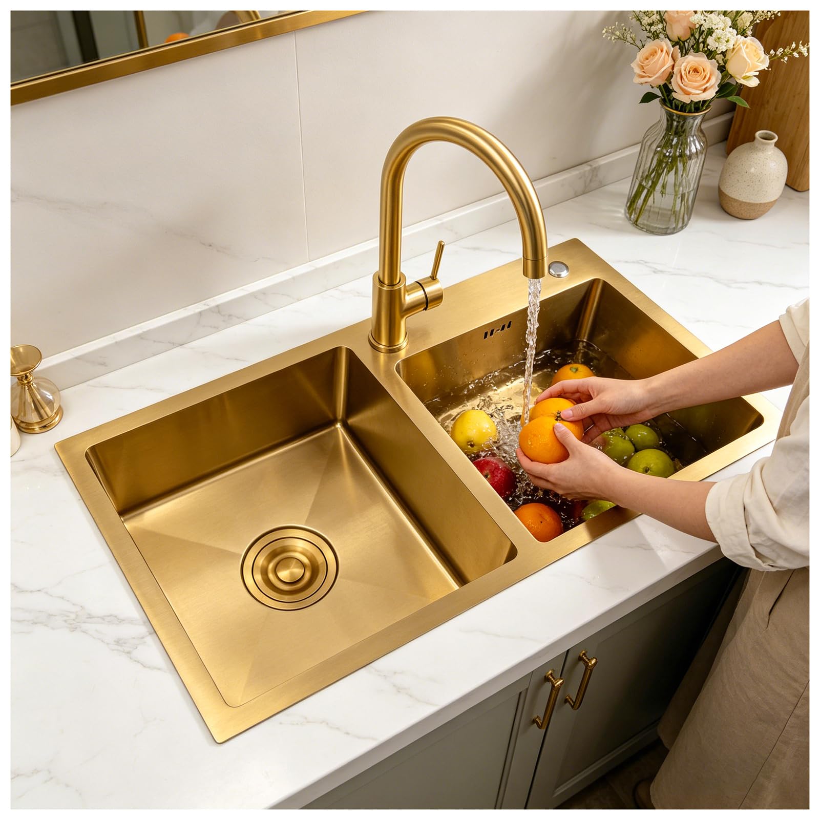 HZKSINNK Kitchen Sinks, Gold Stainless Steel Kitchen Sink, Big Square Double Bowl Bar Sink, Nano Sink With Drain Kit, Drop-In Undermount/Topmount, Easy to clean(80x45cm)