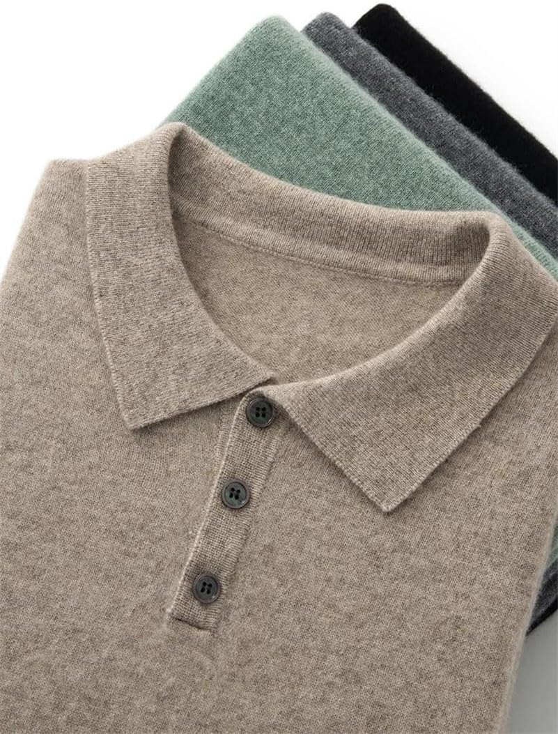 Men's Cashmere Polo Collar Sweater Short Sleeve Knit Pullover Solid Business Casual Soft Tops