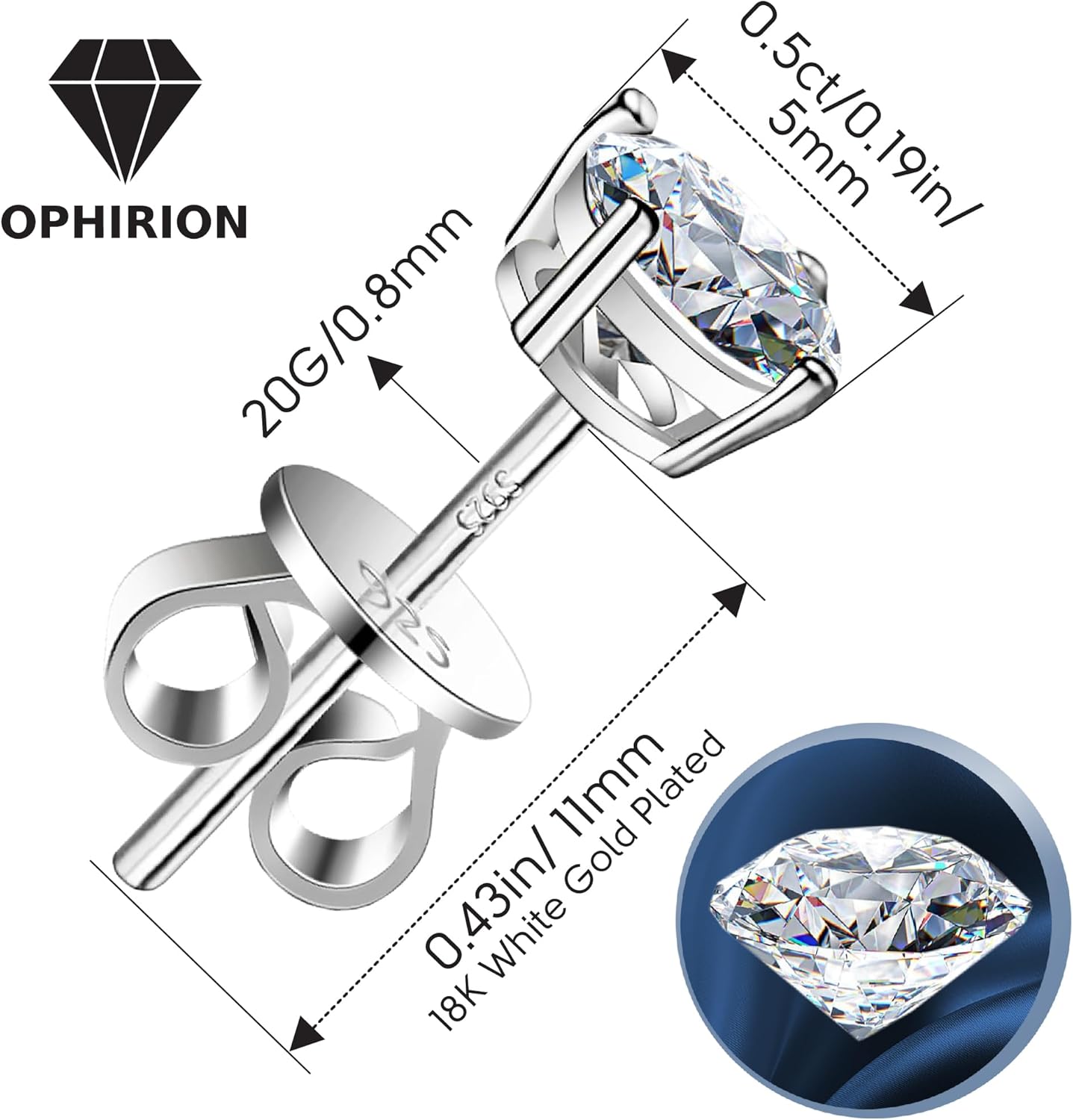 Moissanite Stud Earrings for Women & Men, D Color, VVS1, 925 Sterling Silver, White Gold Plated, Hypoallergenic, GRA Certified, Gift Box Included (0.6; 1.0; 1.6; 2.0 CTW)