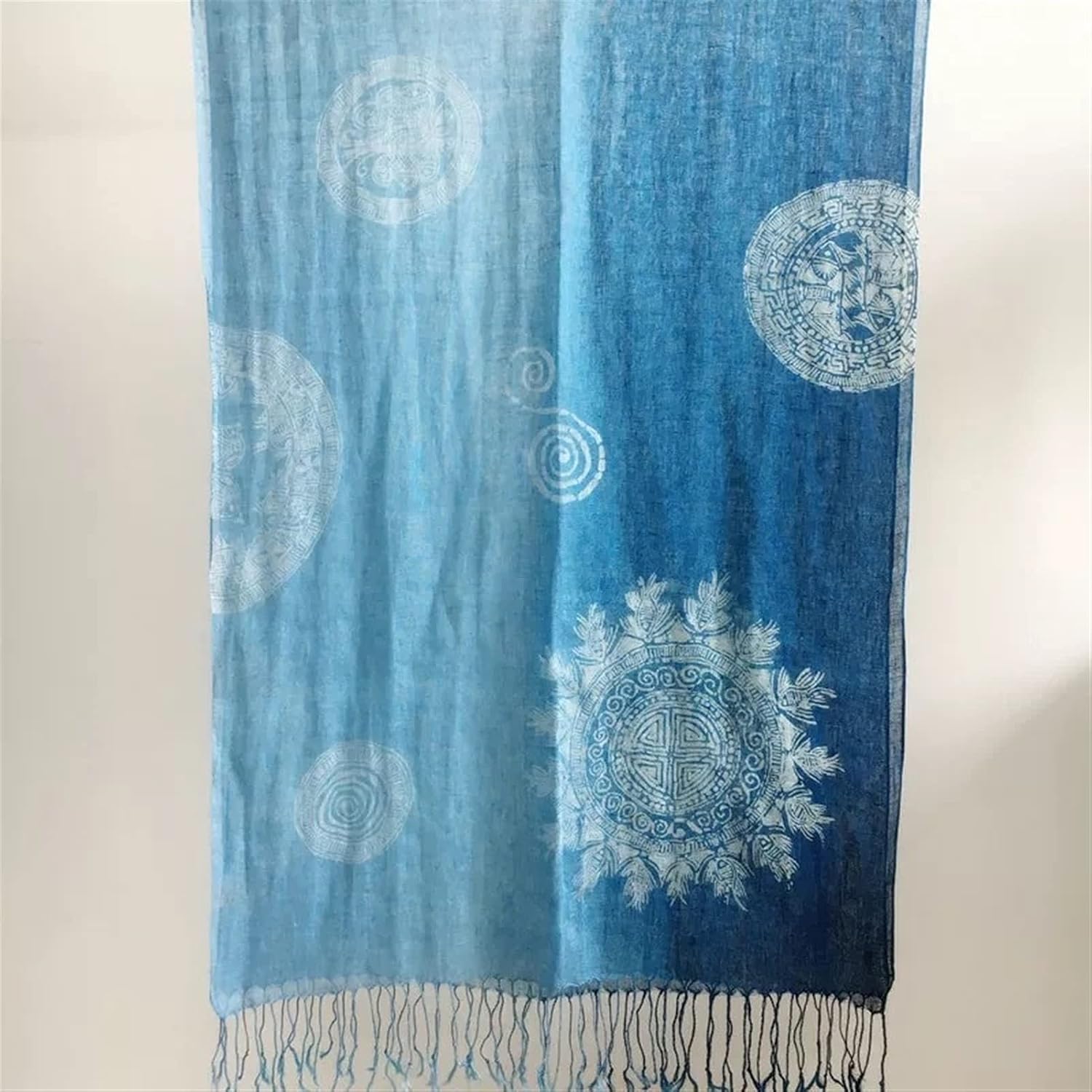 Fashion Ethnic Linen Scarf for Women Gradient Blue Batik Shawl Lightweight Fringed Sunscreen Silk Scarf Wrap (Color : A, Size : 60CMX185CM)