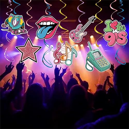 Miniatura 3 de Decoraciones de fiesta temática de los años 90, remolinos colgantes retro con cassette, boombox, patín de ruedas, notas musicales, 24 piezas