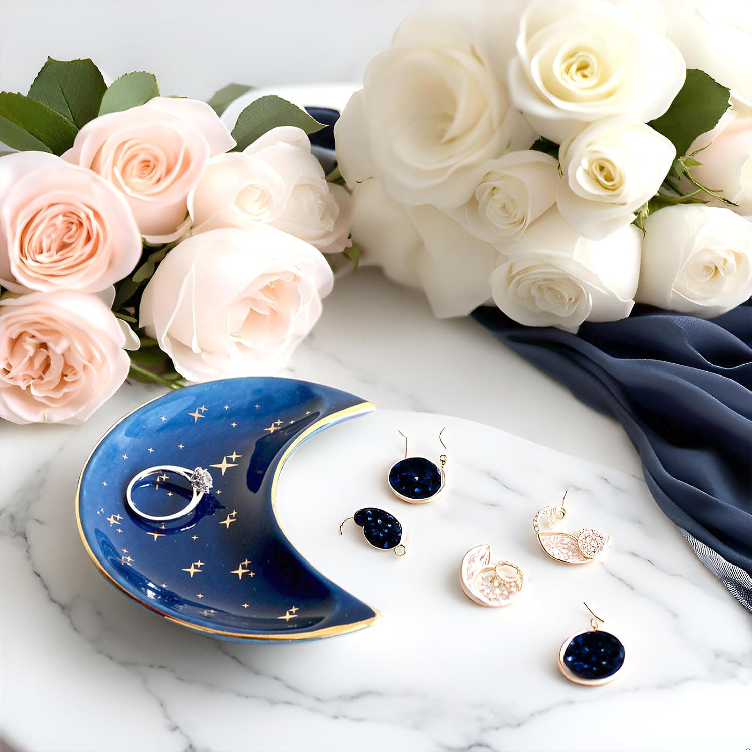 Small Moon Jewelry Dish Tray, Decorative Ceramic Trinket Dish, Modern Accent Tray for Vanity, Blue