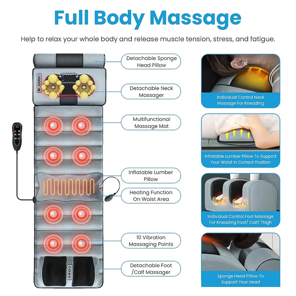 Colchoneta de Masaje Cuerpo Completo con Vibración y Calor Colchón De Masaje De Cuerpo para Relajar Dolores Musculares y Dormirse