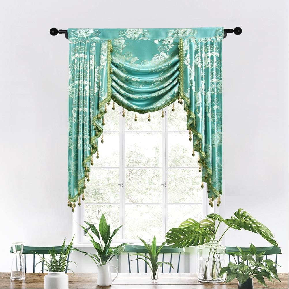 ELKCA Jacquard Single Swag Waterfall Valance for Living Room Floral Blue Curtain Valance for Bedroom (Floral-Blue, W39 Inch, 1 Panel)