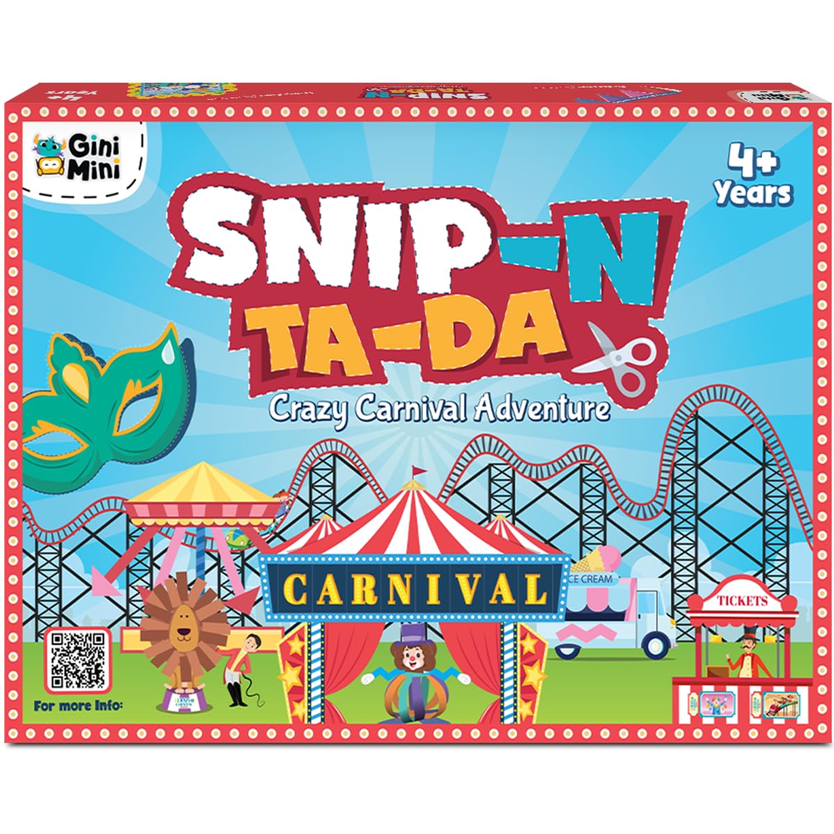 GiniMini Snip ‘N’ Ta-Da-Crazy Carnival – Scissor Activity Kit for Kids 4 5 6 7 | Fine Motor Development, Pre-Printed Craft Sheets, Child-Safe Snip Scissors, DIY Carnival Crafts | Fun Learning Gift