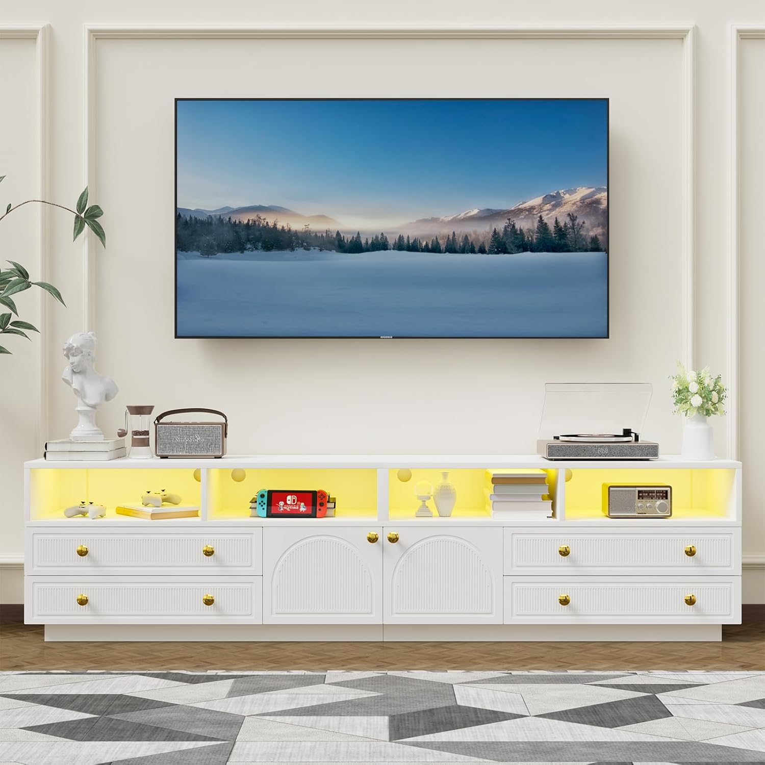86.6in LED TV Stand for 85/90/95/100 inch TV, Modern LED TV Stand for Living Room, Fluted TV Entertainment Center with 8 Storage Drawers and Cabinet, RGB Light, Smart Modern TV Cabinet, White