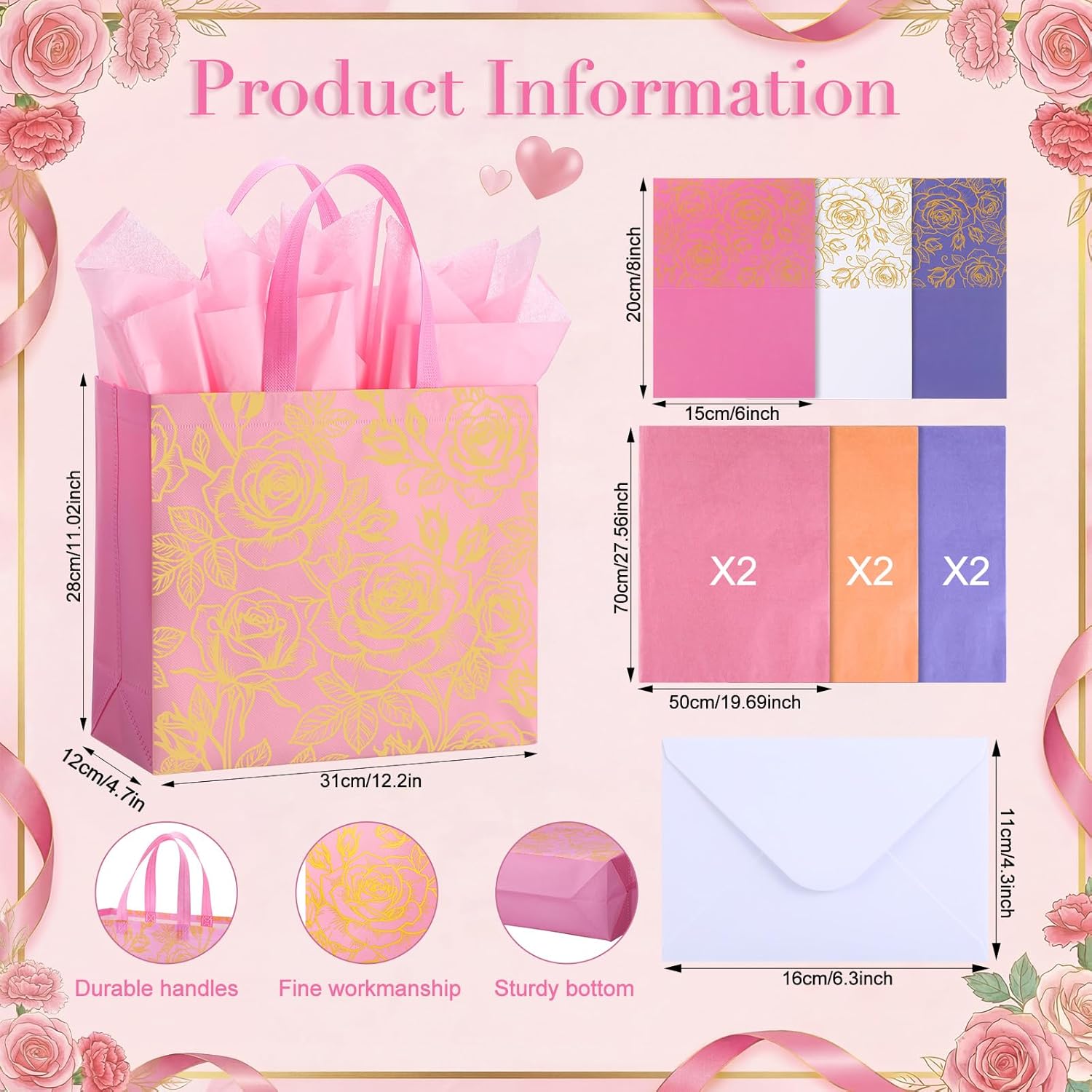 Eccliy 3 Pcs Large Gift Bags for Mother's Day, Floral Gift Bags with Handles for Women, Reusable Non Woven Rose Totes with Tissue Paper, Greeting Cards, Envelopes for Weddings, 12.2 x 11 x 4.7 in