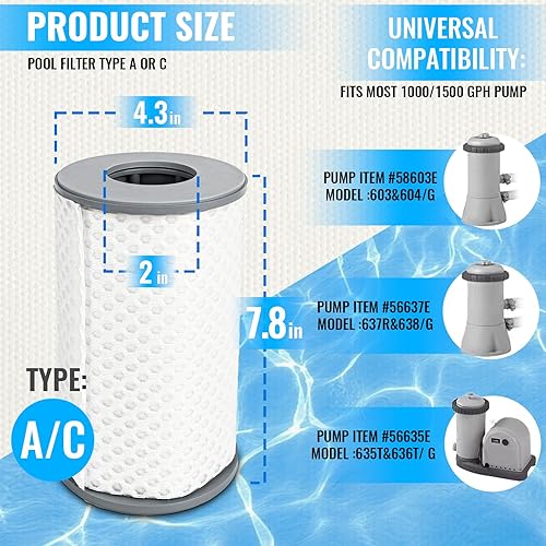Miniatura 2 de Filtro de piscina tipo A o C reutilizable, filtro de piscina tipo A para 29000E59900E, para 5001500 GPH AC o III filtro de piscina sobre el suelo,