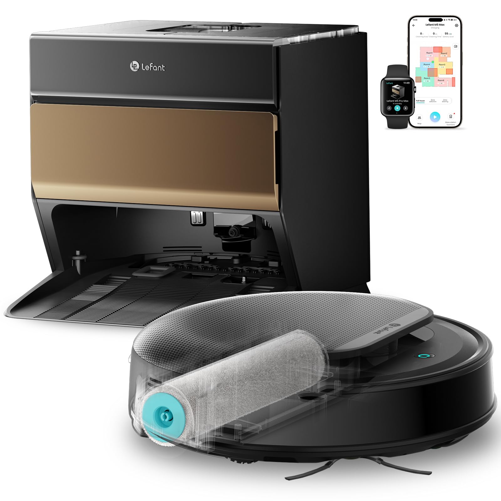 Lefant M5 MAX Robot Aspirapolvere Lavapavimenti con Rullo, Mappatura Laser dToF, Aspirazione 23.000Pa, Zero-Groviglio, Lavaggio 75°C con Asciugatura, Stazione Autopulente, Alexa/App, Oro Champagne