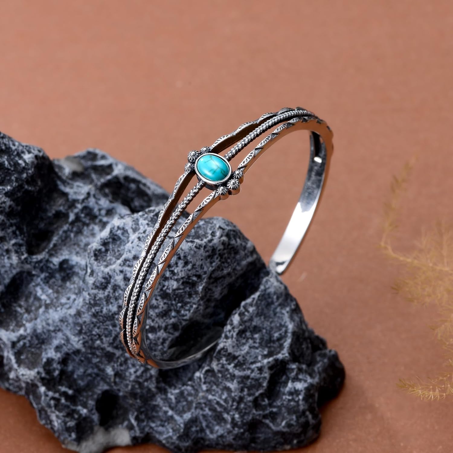 Genuine Turquoise Bracelet, Sterling Silver Boho Adjustable Bangle Cuff Native American Vintage Jewelry for Women, Fit for 6.5 7 7.5 Inches