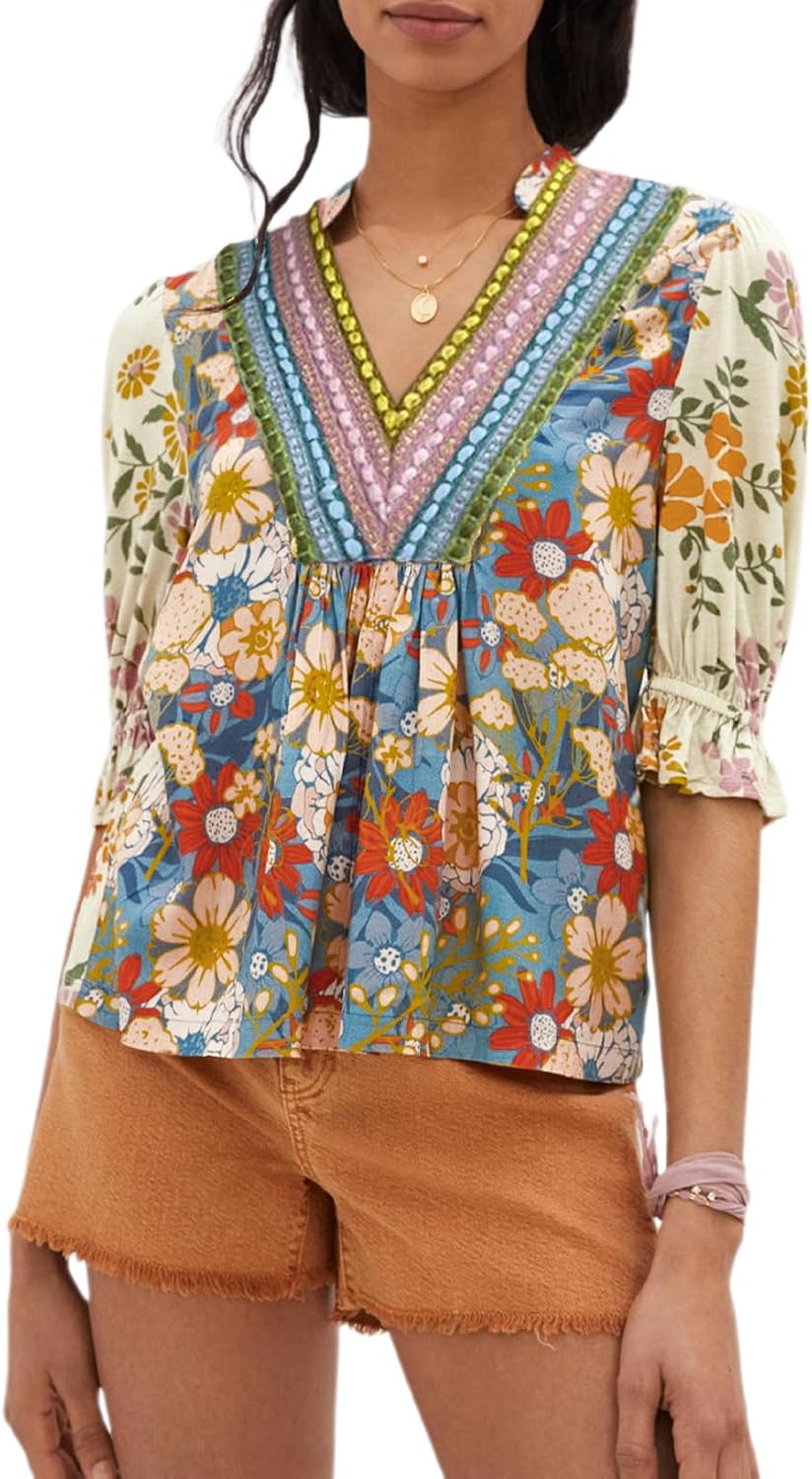 Melliflo Womens Boho Floral Blouse Shirt Embroidered V Neck Half Sleeve Ruffle Loose Tops Fashion Fall Outfits 2025