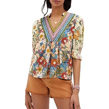 Melliflo Womens Boho Floral Blouse Shirt Embroidered V Neck Half Sleeve Ruffle Loose Tops Fashion Fall Outfits 2025