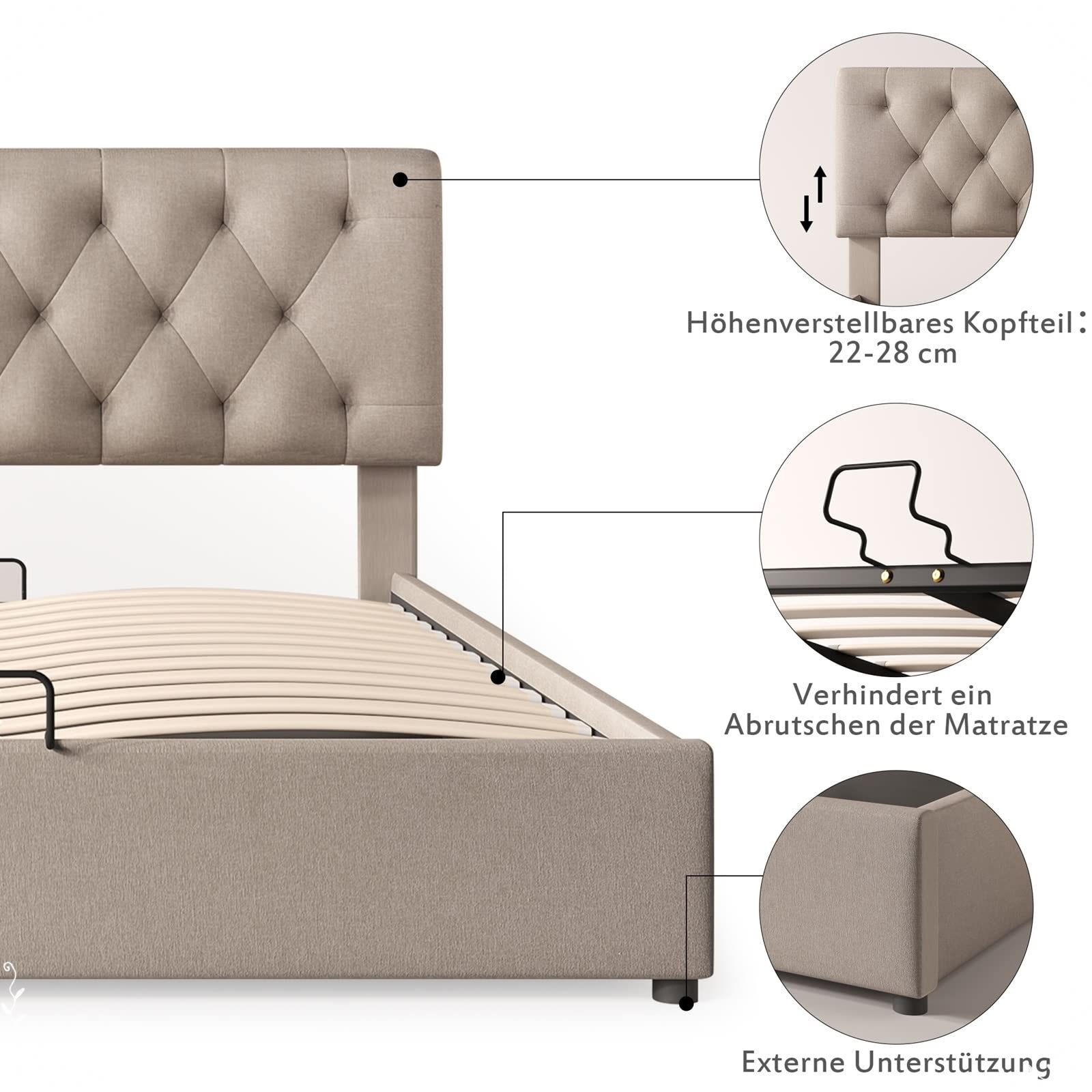 AMDXD Hydraulisch Polsterbett 140x200cm, Verstellbares Kopfteil Doppelbett, Bett mit Lattenrost aus Metallrahmen, Modernes Bettgestell mit Stauraum, Holzfarbe, ohne Matratze