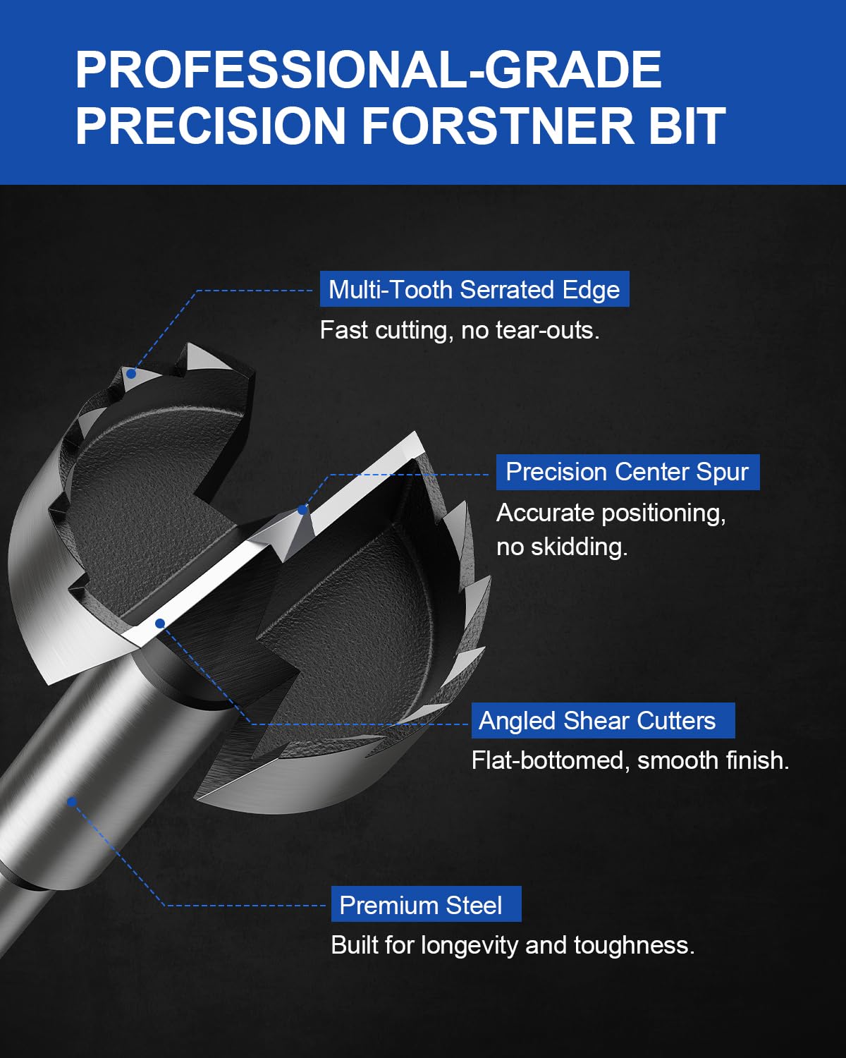 5/8" Forstner Drill Bit for Woodworking, 2-Pack Forstner Bit with Precision Multi-Tooth Design for Wood, Plywood, Plastic, Flat Bottom and Pocket Holes, Round Shank