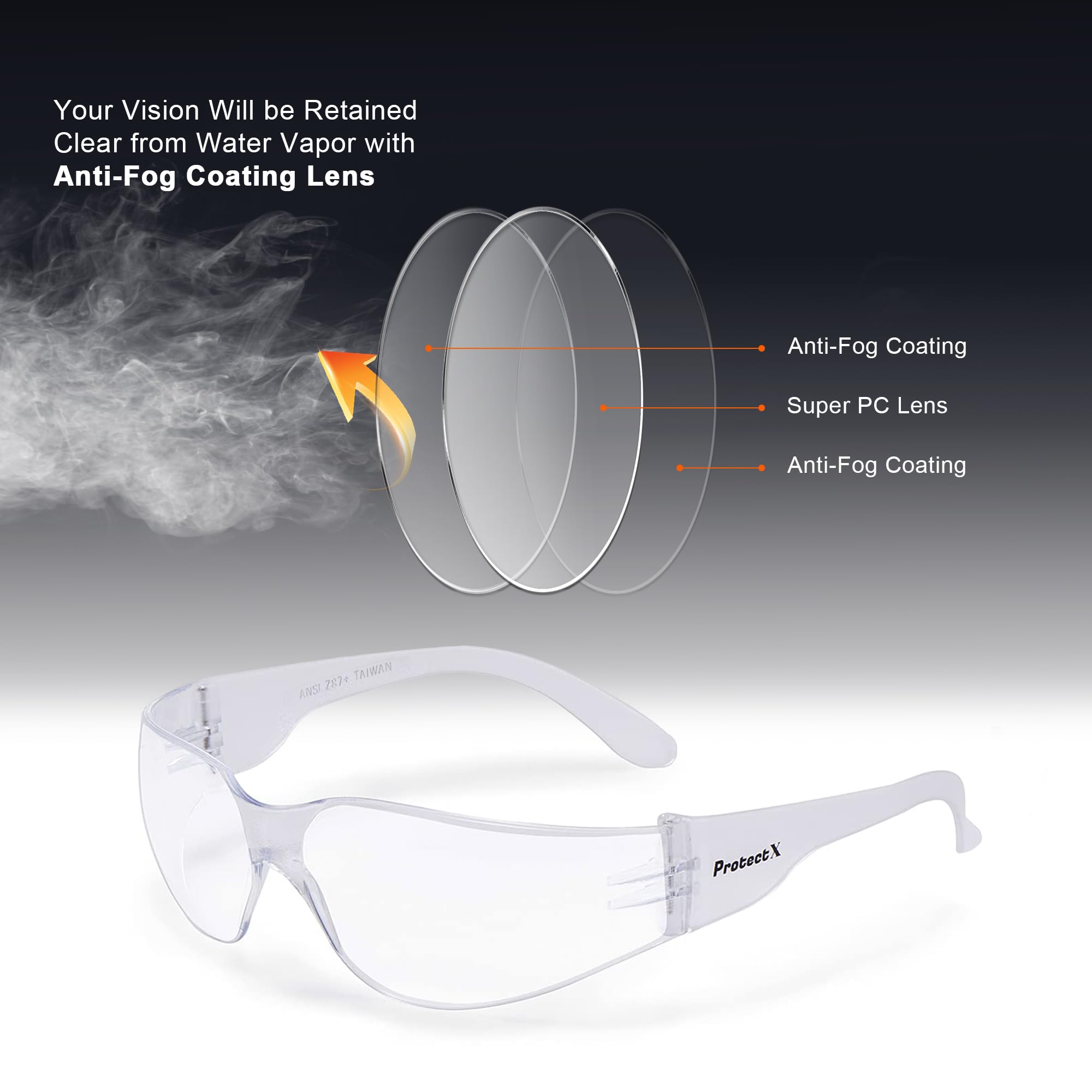 ProtectX Gafas de seguridad de policarbonato resistente a los impactos, lentes antiniebla, protección UV ANSI Z87.1, paquete de 12 (transparente)
