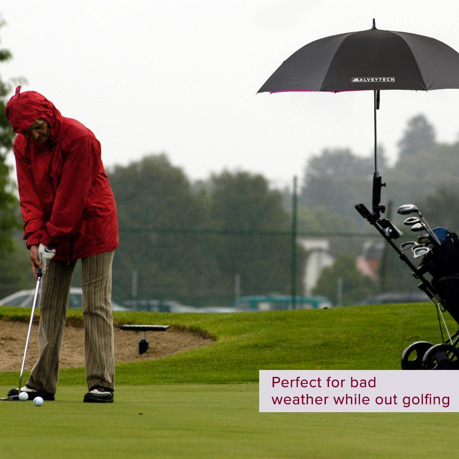 AlveyTech Paraguas de golf – Funda de tela resistente a la lluvia duradera con mango de espuma, botón de acción rápida y correa, protección contra la intemperie para scooters de movilidad, soportes