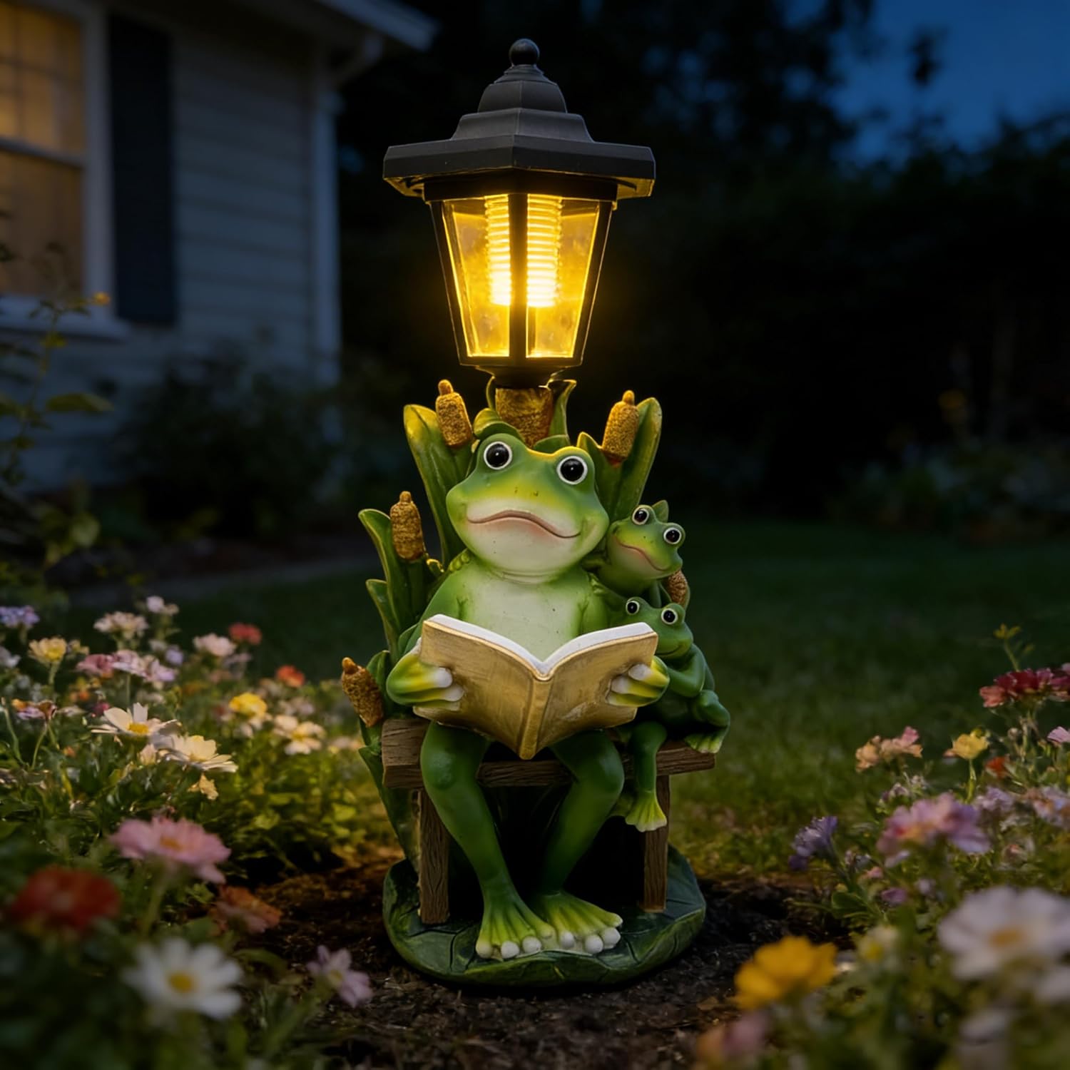 Solar Frog Garden Statue for Outdoor Decor with Lantern - Lawn Decoration 16“ Tall Frog Figurine Lights for Patio, Yard, Porch Ornament - Valentine's Day Gifts for Mom, Grandma, Women