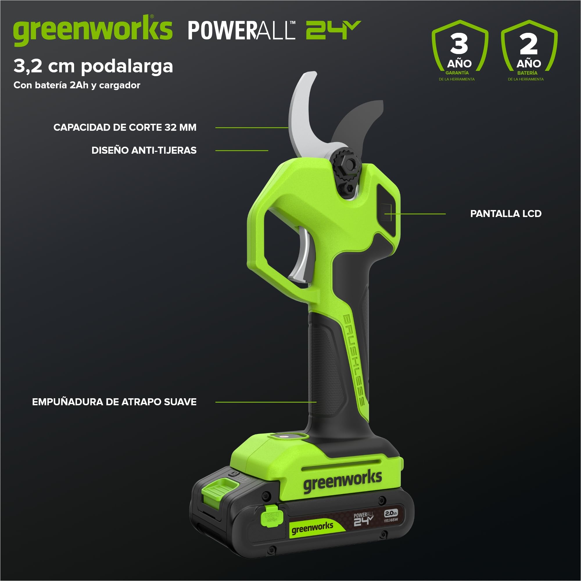 Greenworks Tijera Eléctrica 24V con Poste Telescópico 1,29–2,00 m, Motor Brushless, Cuchillas Acero, Apertura 22/32 mm, Pantalla LED, con Batería 2,0Ah & Cargador USB-C 30W LP24BLA1
