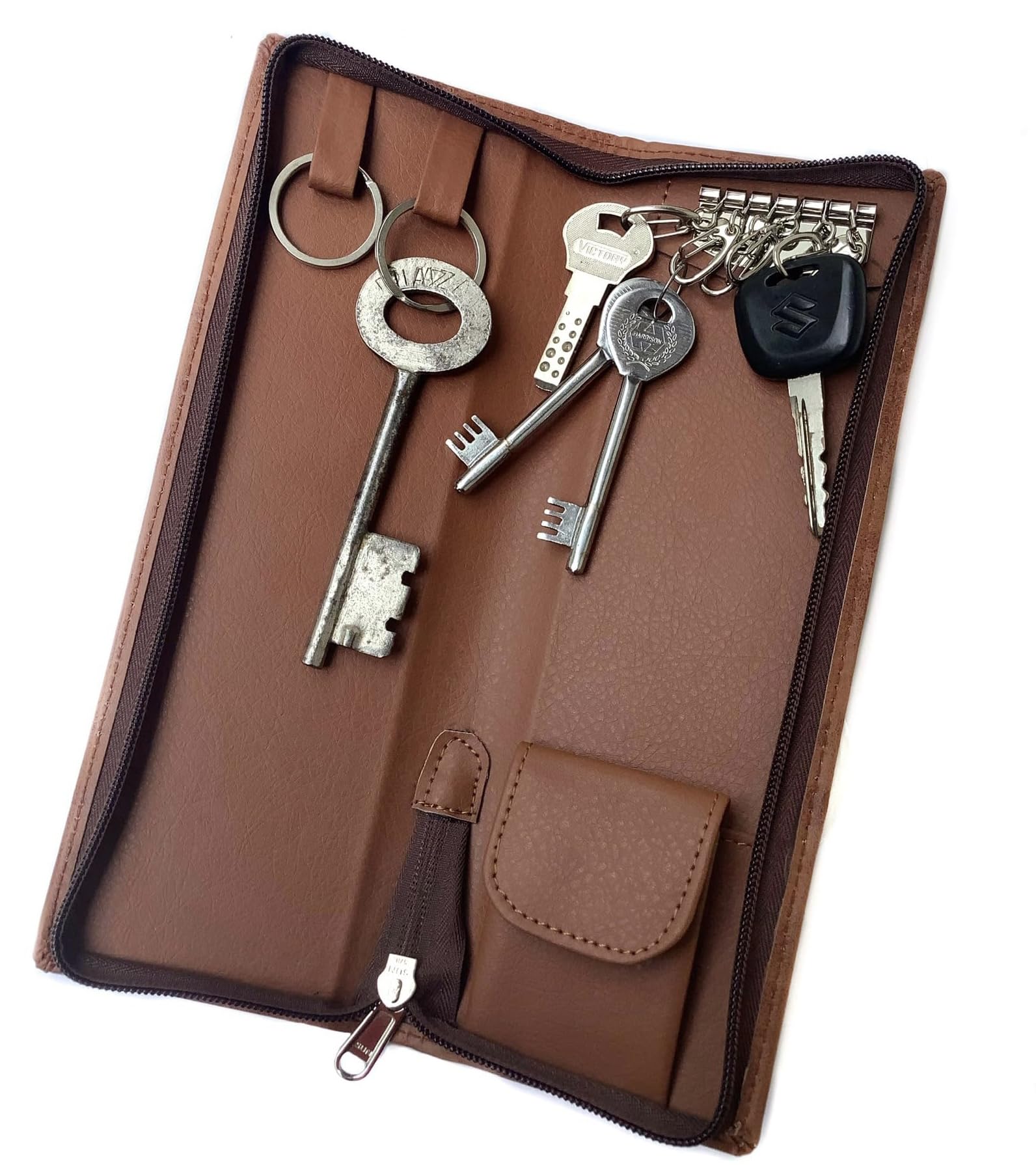 PU Leather Long Key Case Pouch Wallet Keychain Key Holder with 6 Hooks Zipper Closure (Tan-25.5 x 8.5 cm), Brown
