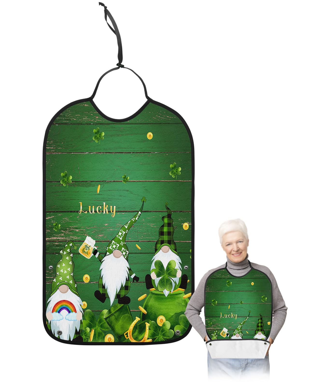 St. Patrick's Day Adult Bibs for Eating, Waterproof Bibs with Food Catcher & Adjustable Snap Closure, Gnomes Lucky Clover Gold Green Wood Washable Clothing Protectors Adult Bibs for Elderly Women/Men