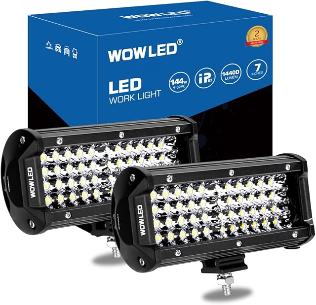 WOWLED Spot Work Light Bar, 2Pcs 7" 4 Rows LED Light Bar 14400LM 6000K Waterproof Off Road LED Lights Car Light Bar LED Offroad Driving Lights Work Lamp for Camp Trucks 12V 24V