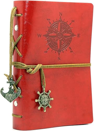 Diario con tapas de cuero estilo retro en blanco con cuerda náutica Rojo 7 pulgadas
