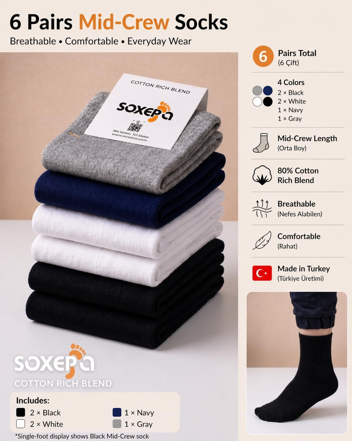 Mid-Crew 80% Turkish Cotton Socks – 6 Pairs, Unisex Premium Everyday Crew Socks, Black White Light Gray Navy
