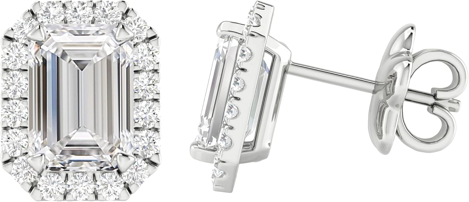 1 to 6 Carat IGI CERTIFIED LAB GROWN Emerald Halo Diamond Earrings 14K Gold Value Collection Push Back Push Back (I-J Color SI1-SI2 Clarity) - Image 2