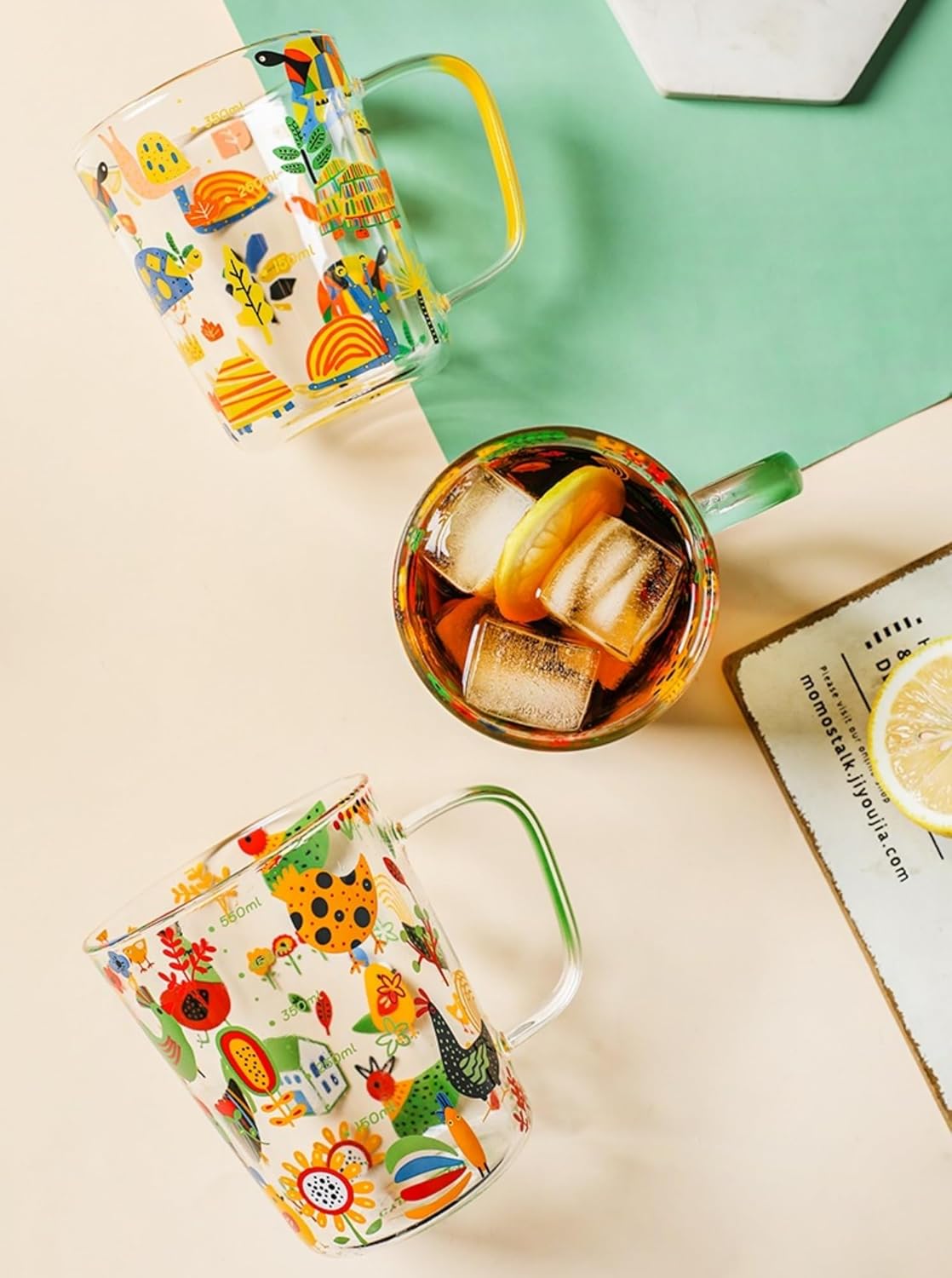 ガラスカップ マグカップ たいねつガラス ティーカップ コーヒーカップ ブラジルカメの模様 400/600ml めもり線 ビールジョ