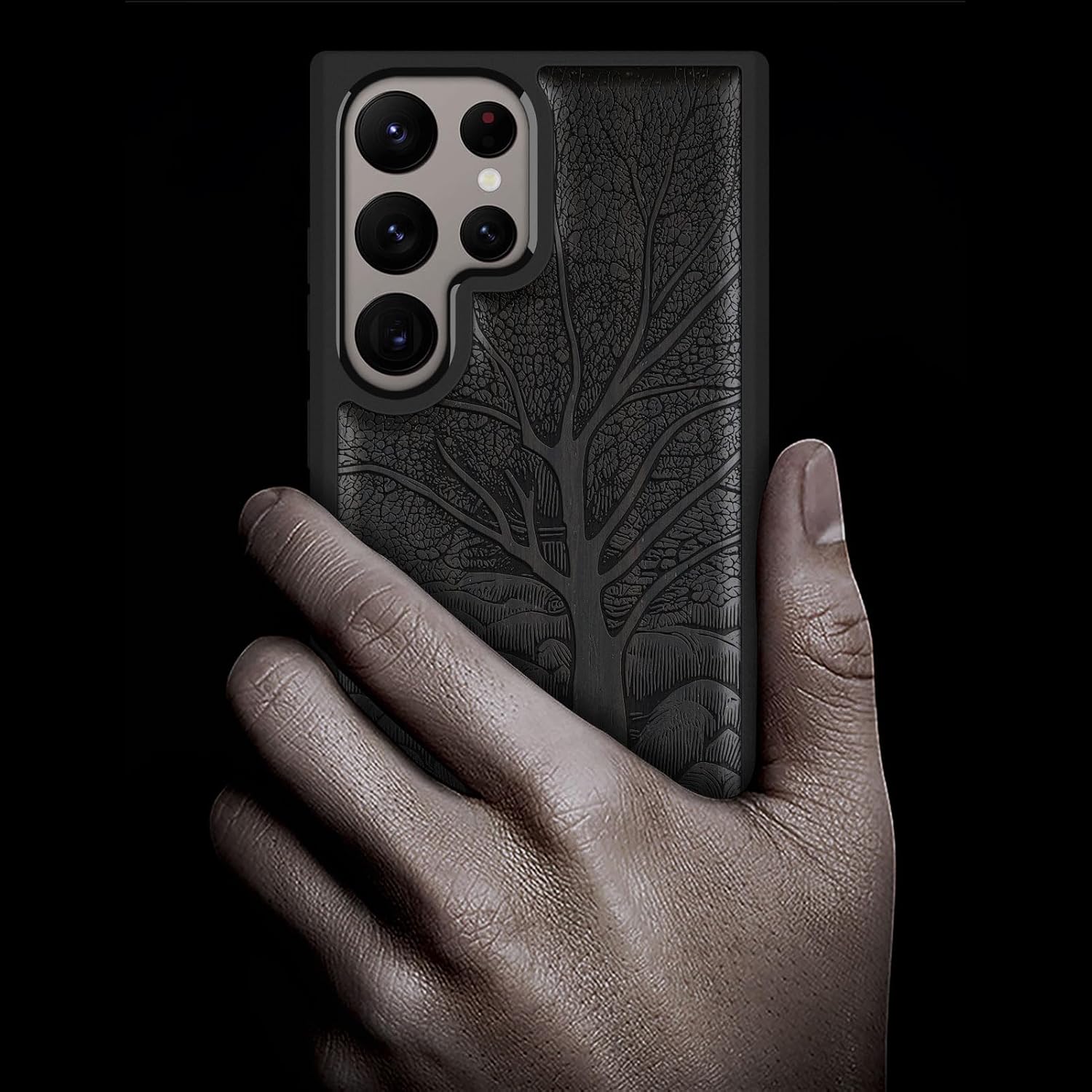 Carveit Wood Case for Galaxy S24 Ultra Case [Natural Wood & Black Soft TPU] Shockproof Protective Cover Unique Wooden Design Compatible with Samsung S24 Ultra (The Lino Print Tree-Blackwood)