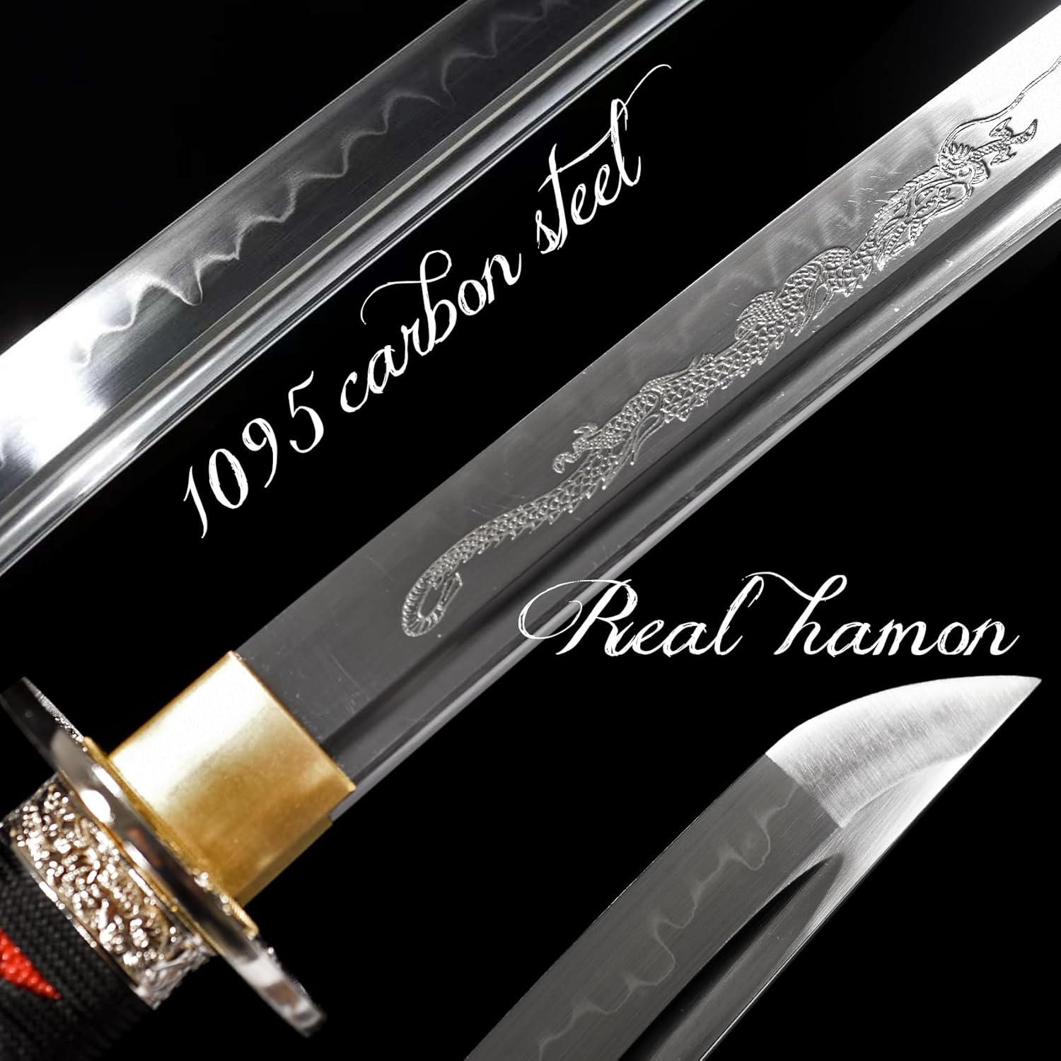 Handmade Japanese Samurai Katana Sword 1095 Carbon Steel Clay Tempering Full Tang Dragon Katana for Man Gift Cosplay Decoration Self Defense 41 inch