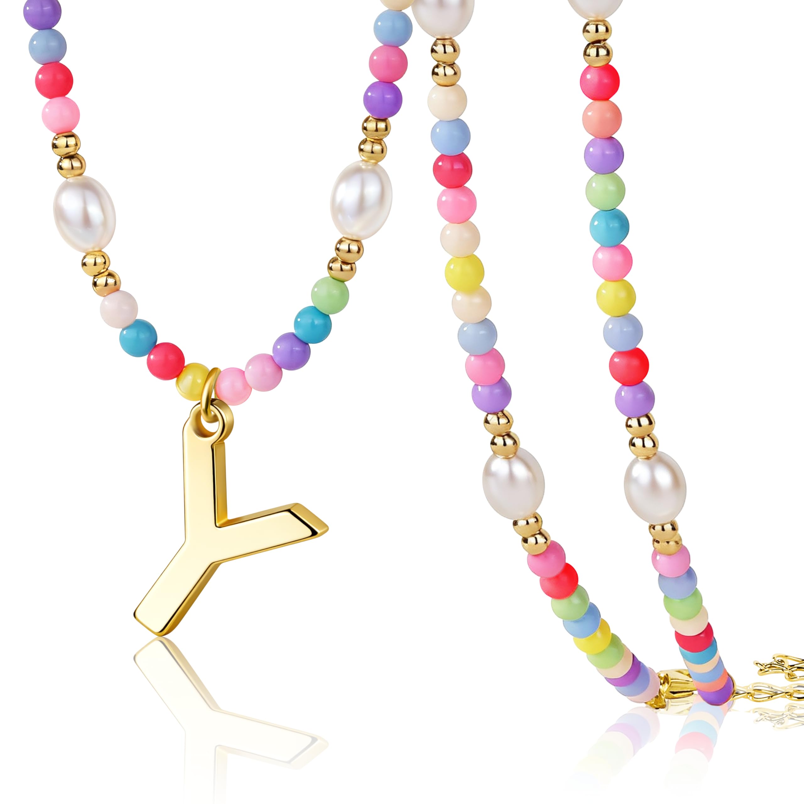 Colorful Initial Necklace for Girls – Trendy Dainty Beaded Choker with Letter Pendant, 14K Gold Plated, Cute Personalized Jewelry Gift for Kids, Teens, Women, Birthday, Christmas, Lockets