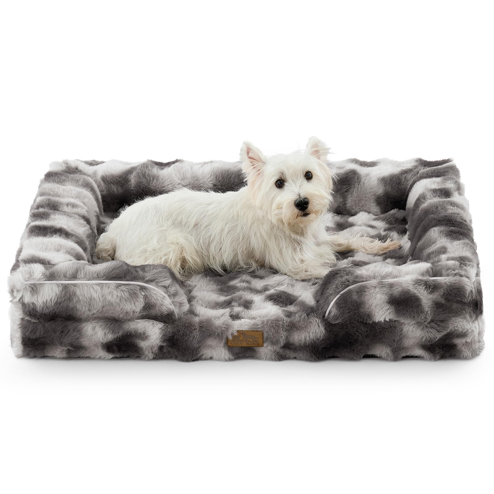 COZY KISS Faux Fur Orthopedic Dog Bed,Supportive Foam Pet Sofa with C-Shape Bolster for Medium & Large Dogs, Washable Dog Couch with Removable Flannel Cover, Anti-Slip Bottom, Gray2, L(91x68x17cm)
