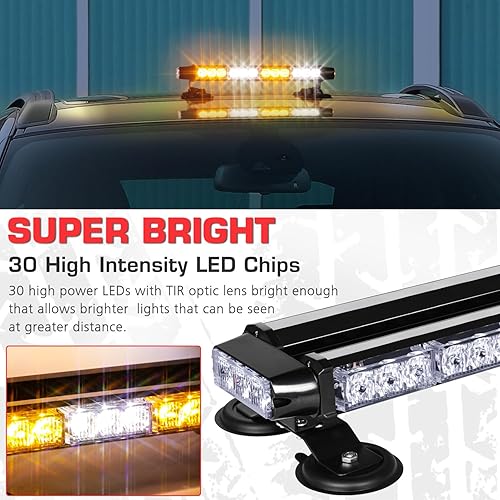 Miniatura 2 de LINKITOM - Barra de luz estroboscópica de 30 LED para techo, ámbarblanco, aluminio, doble cara, luz de advertencia de seguridad de emergencia con