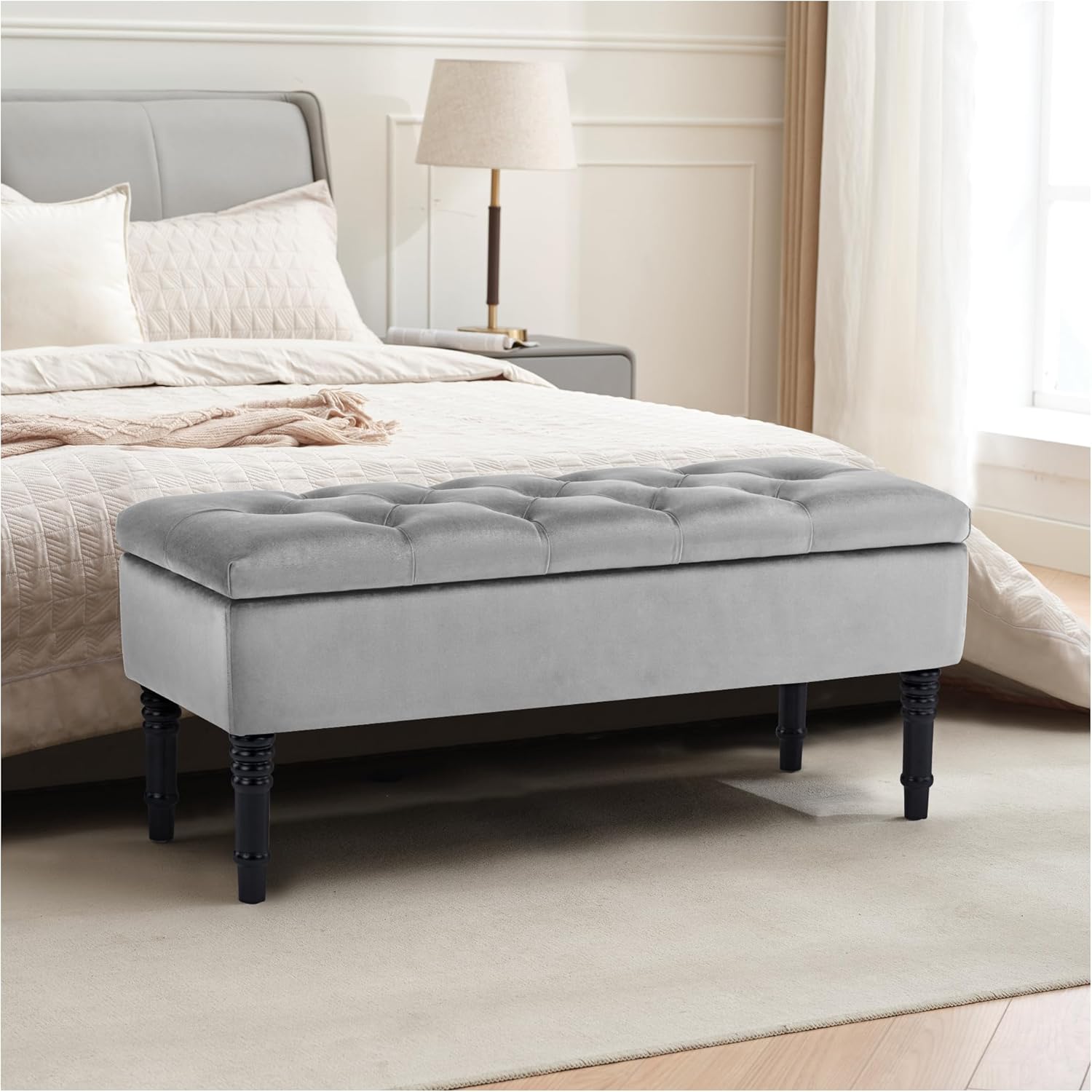 40" Velvet Storage Ottoman Bench, Upholstered Storage Bench, Modern End of Bed Storage Bench with Button Tufted for Bedroom, Entryway, Living Room, Grey