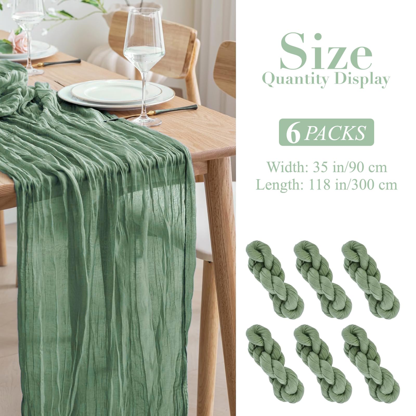 YAOYAIN Runner da Tavola Verde Salvia, 6 Pezzi 90 x 300 cm Boho Runner Verde Lavabile Table Runner, Per Decorazioni Matrimonio, Festa, Decorazioni Tavolo Compleanno, Baby Shower