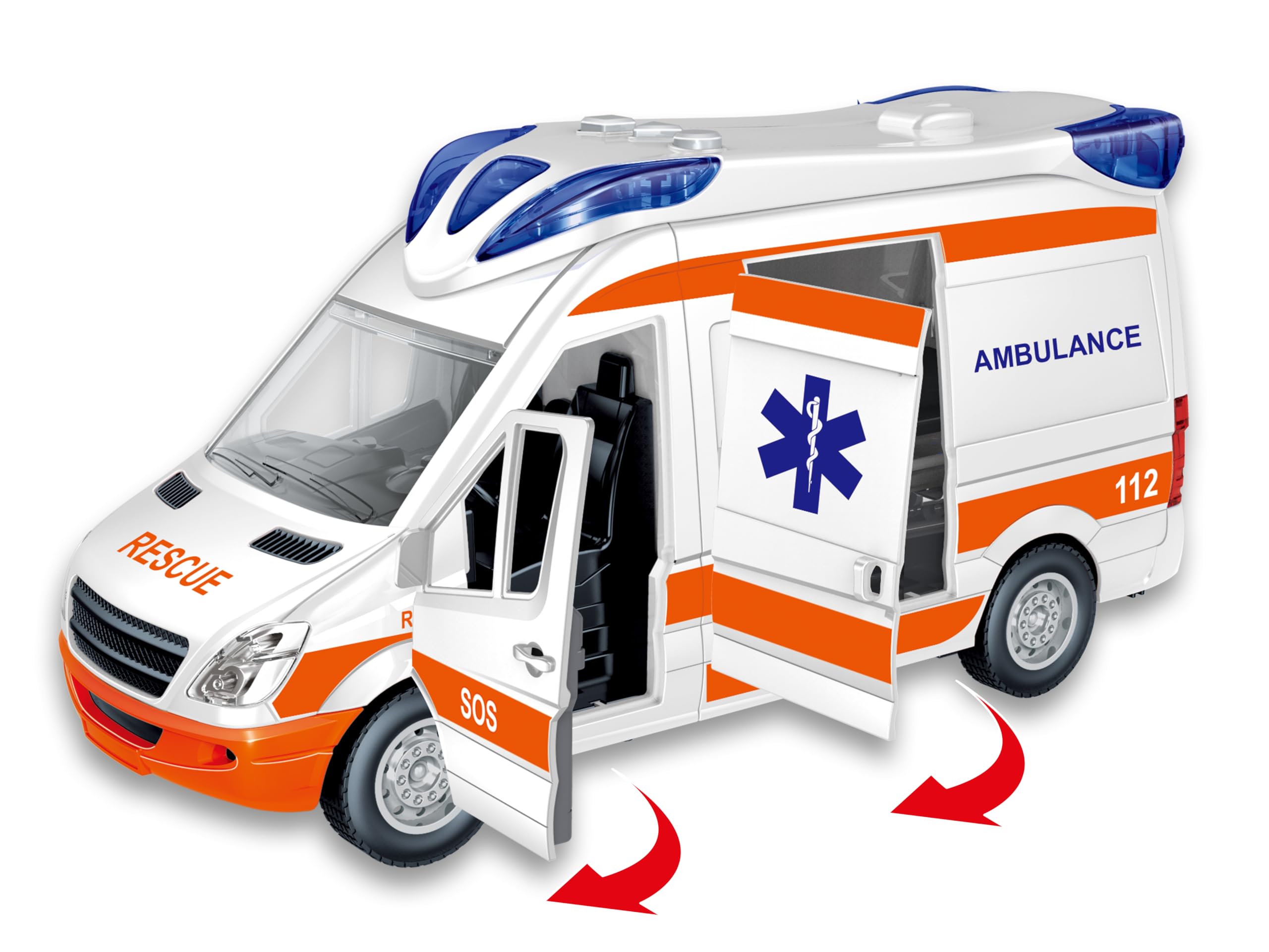 Teorema – Ambulancia Play City Escala 1:12, Juguete de Primeros Auxilios para niños, vehículo de Emergencia con Luces, Sonidos y Camilla Ajustable