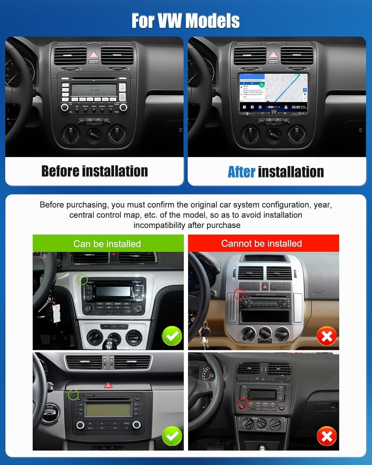 Before and after installation of SIXWIN car radio in a VW dashboard