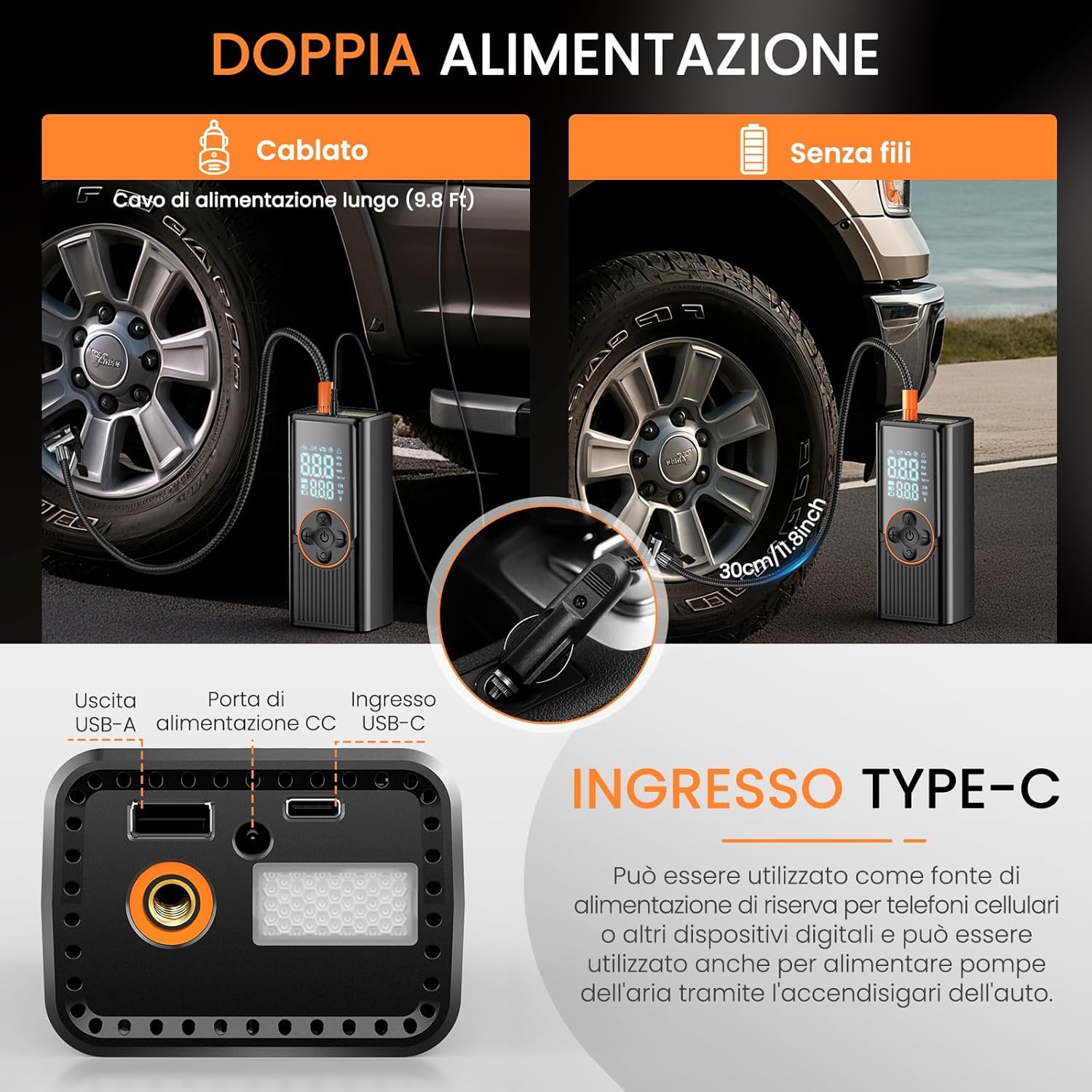 Compressore Aria Portatile per Auto 8000mAh, 150PSI Gonfiatore Elettrico a Doppia Alimentazione Ricaricabile con Display Digitale e Luce LED, Spegnimento Automatico, per Auto, Moto, Bici, Palloni