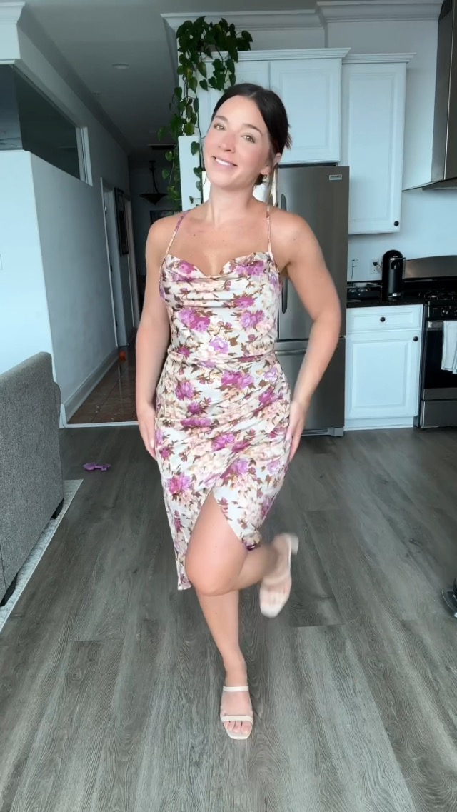 Watch Floral wedding guest dress with nude heels and small gold hoops on Amazon Live Watch Floral wedding guest dress with nude heels and small gold hoops on Amazon Live