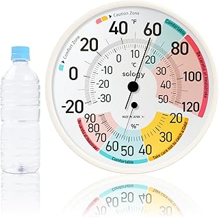 sology Analog Thermo-Hygrometer, Thermometer, Hygrometer, Large, Made in Japan, High Accuracy, No Batteries Required, Indoor, Easy to See, Analog, Comfort Zone, Caution Zone, Wall Hanging, White