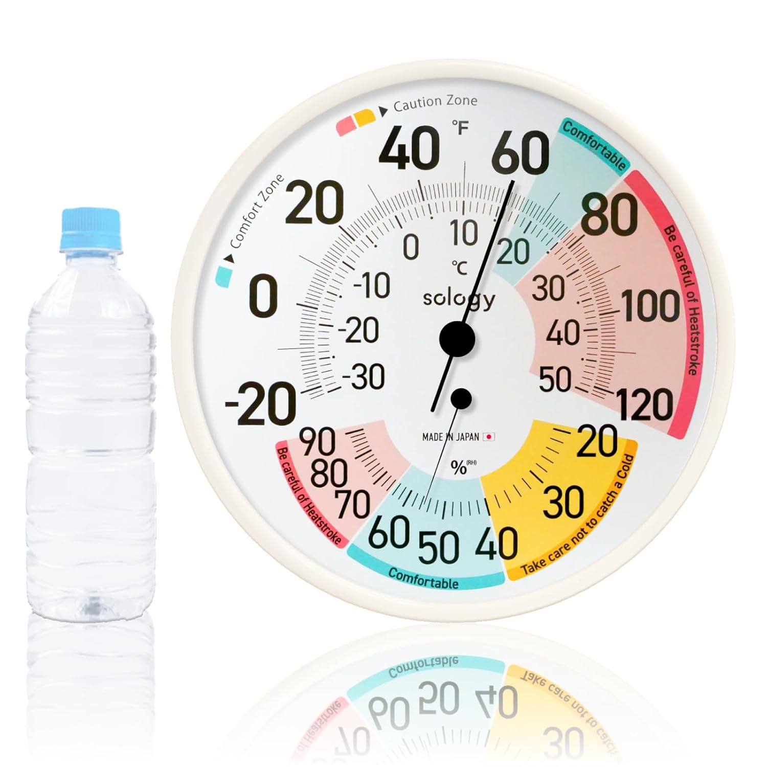 sology Analog Thermo-Hygrometer, Thermometer, Hygrometer, Large, Made in Japan, High Accuracy, No Batteries Required, Indoor, Easy to See, Analog, Comfort Zone, Caution Zone, Wall Hanging, White