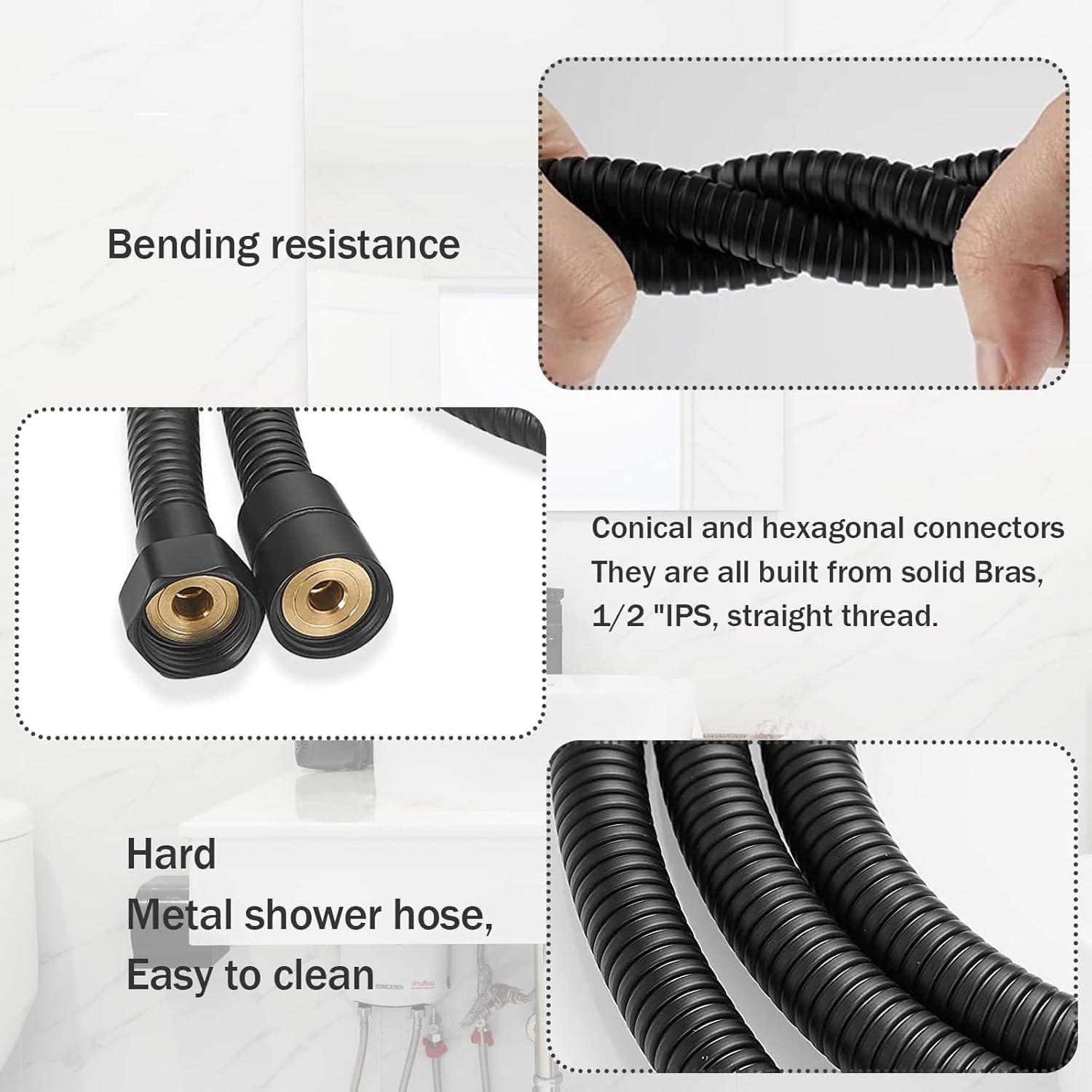 PacuM Shower Hose 1.5m Shower Pipe Smooth Shower Head Hose 1/2 Inch Universal Replacement Shower Hose Extension Black Stainless Steel with 4 Washers for Bidet Sprayer Chrome - Image 3