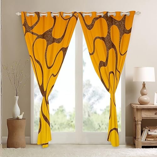 Miniatura 4 de Cortinas geométricas para ventana para dormitorio, sala de estar, cortinas de rayas amarillas y marrones, cortinas de ventana de línea ondulada