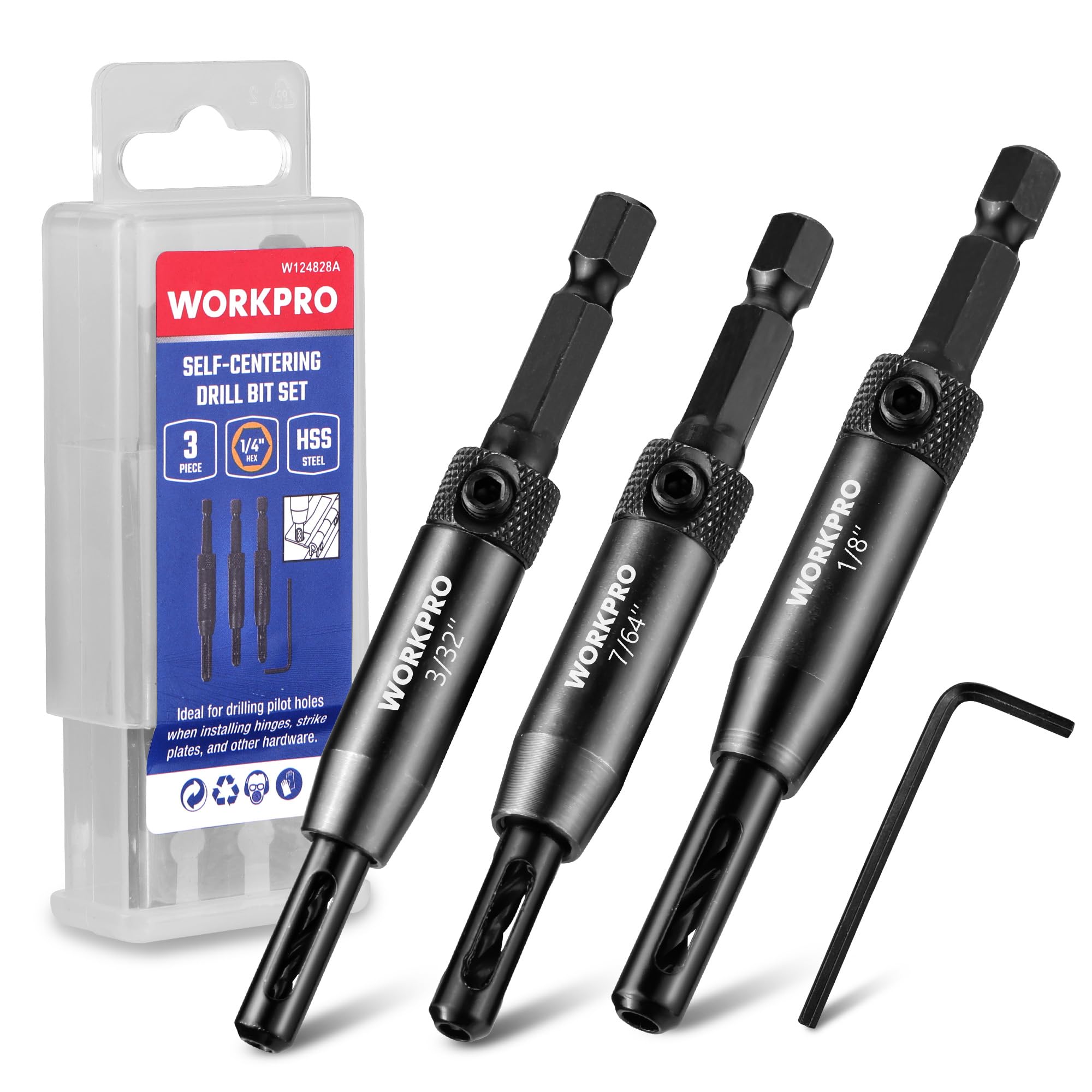 WORKPRO 3-Piece Self Centering Drill Bit Set, Durable HSS VIX Bit with Hex Key, 3/32”, 7/64”, 1/8” Center Drill Bits, 1/4 Inch Hex Shank for Precise