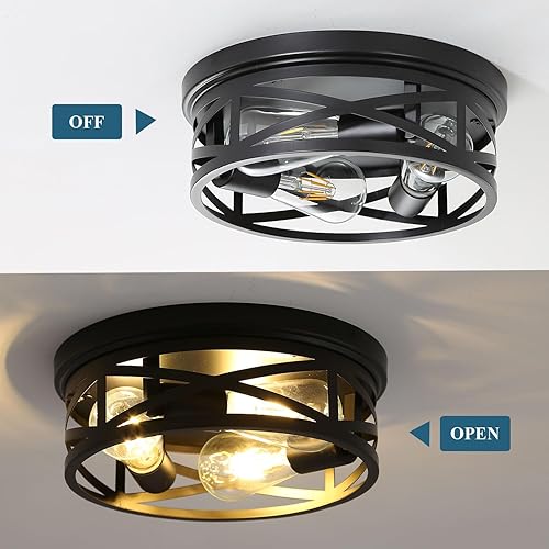 Miniatura 4 de EMONG Farmhouse 3-Light Black Flush Mount Ceiling Light, Vintage Industrial Closed to Ceiling Mount Lamp,Metal cage Light Fixture for Entryway