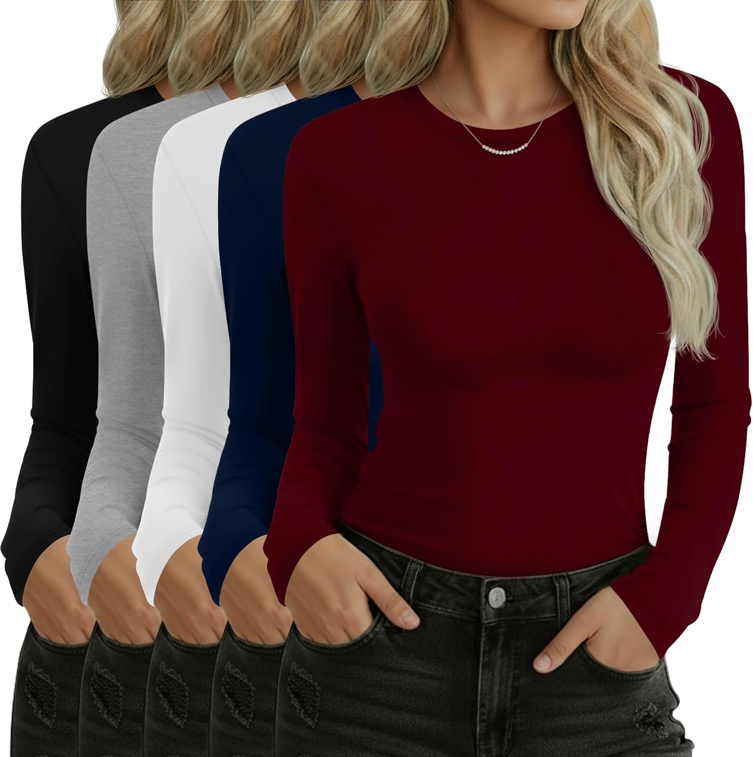 Sweetyweee 5 Pack Women's Long Sleeve Shirts Slim Fit Crew Neck Basic Tops Multipack Casual Layering Tee Undershirts